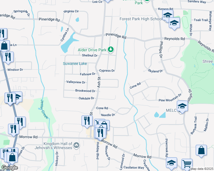 map of restaurants, bars, coffee shops, grocery stores, and more near 942 Sherwood Circle in Forest Park
