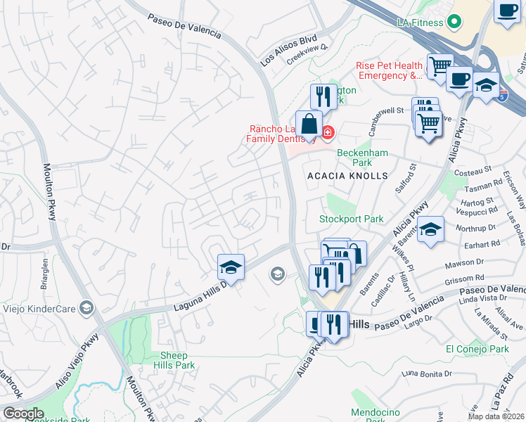map of restaurants, bars, coffee shops, grocery stores, and more near 818 Via Alhambra in Laguna Woods