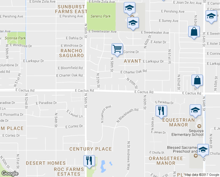 map of restaurants, bars, coffee shops, grocery stores, and more near 12202 North 58th Street in Scottsdale