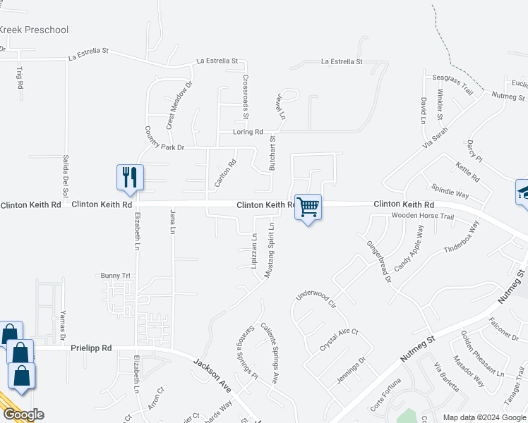 map of restaurants, bars, coffee shops, grocery stores, and more near 25186 Hoofprint Drive in Wildomar