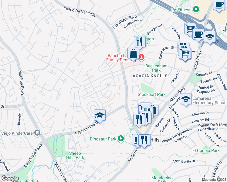 map of restaurants, bars, coffee shops, grocery stores, and more near 818 Via Alhambra in Laguna Woods