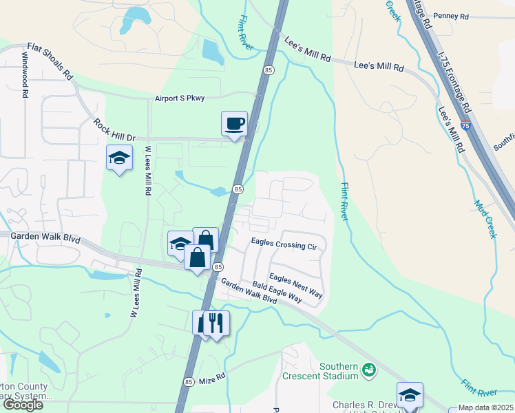 map of restaurants, bars, coffee shops, grocery stores, and more near 5758 Georgia 85 in Riverdale