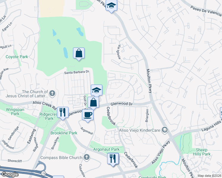 map of restaurants, bars, coffee shops, grocery stores, and more near 15 Via Athena in Aliso Viejo