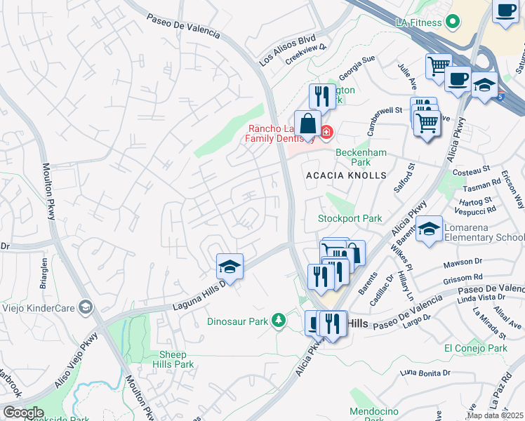 map of restaurants, bars, coffee shops, grocery stores, and more near 818 Via Alhambra in Laguna Woods