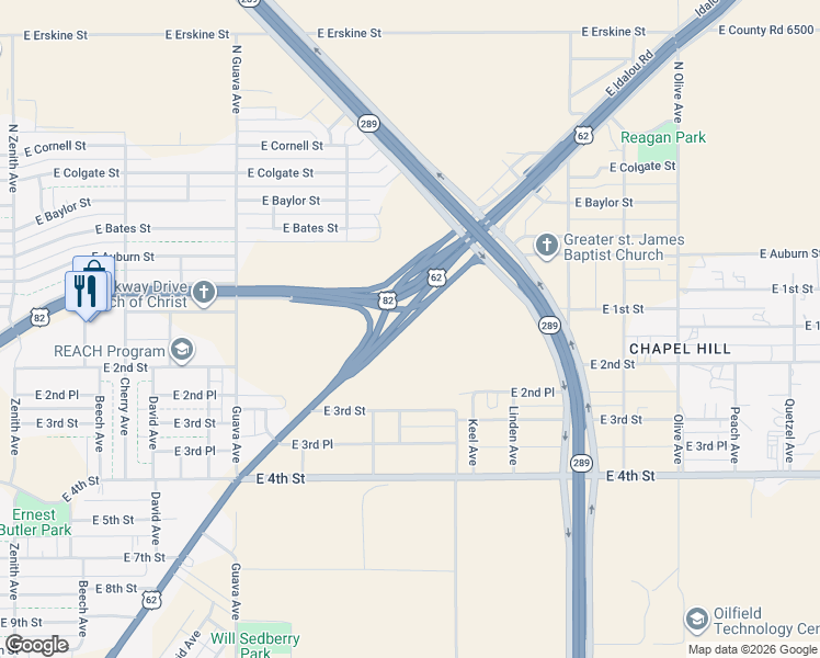 map of restaurants, bars, coffee shops, grocery stores, and more near 3516 Idalou Road in Lubbock