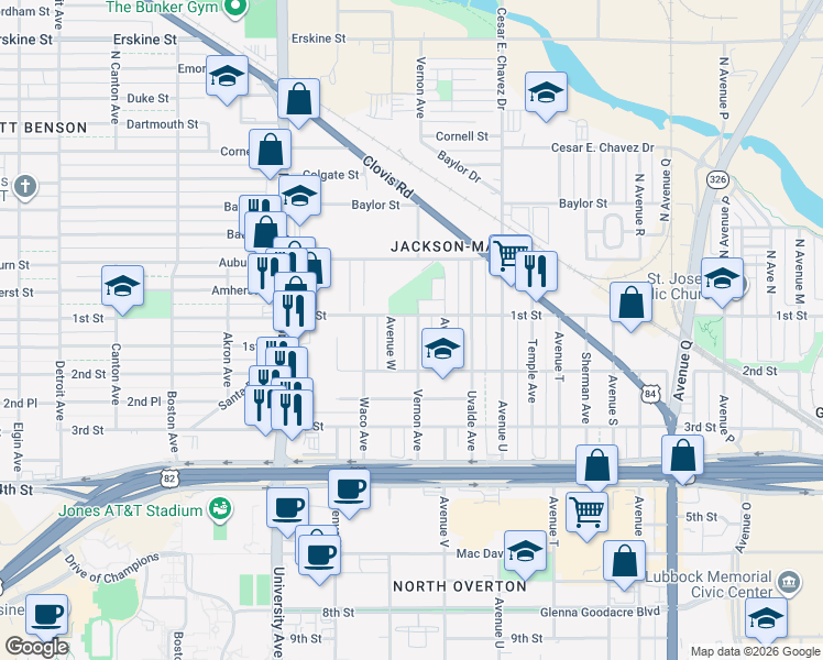 map of restaurants, bars, coffee shops, grocery stores, and more near 111 Vernon Avenue in Lubbock