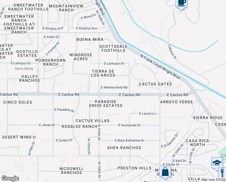 map of restaurants, bars, coffee shops, grocery stores, and more near 12171 North 104th Way in Scottsdale