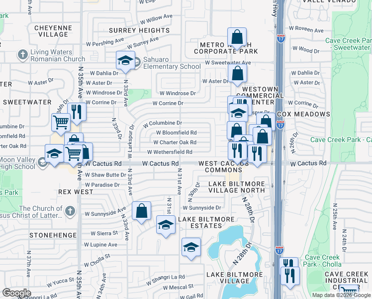 map of restaurants, bars, coffee shops, grocery stores, and more near 3059 West Wethersfield Road in Phoenix