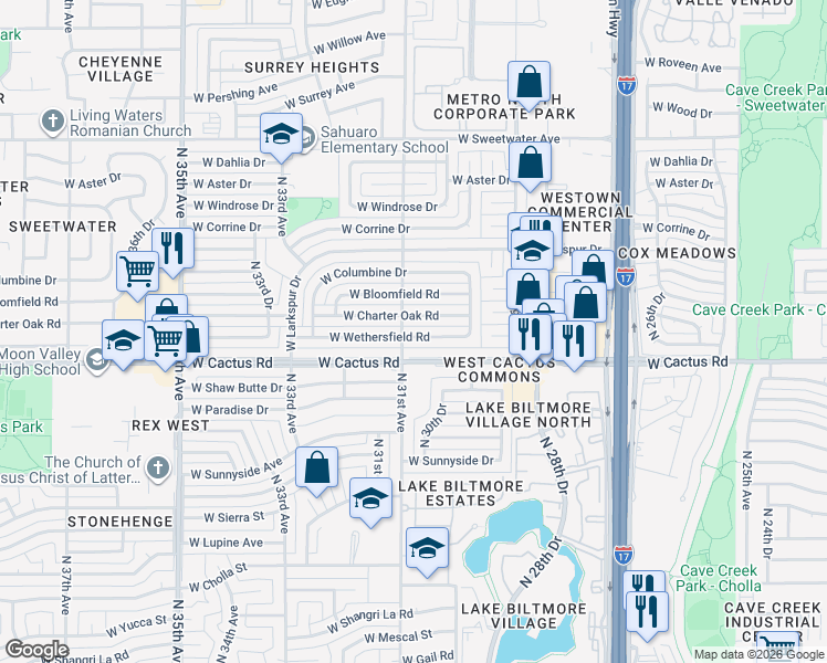 map of restaurants, bars, coffee shops, grocery stores, and more near 3059 West Wethersfield Road in Phoenix