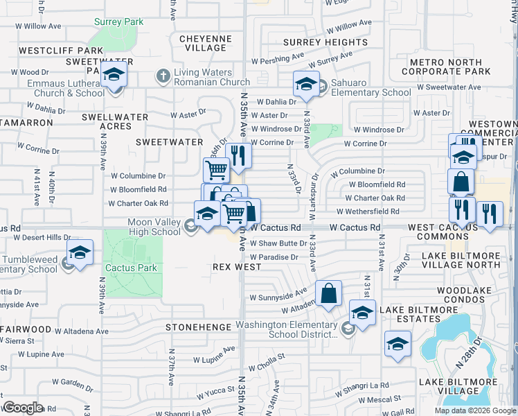 map of restaurants, bars, coffee shops, grocery stores, and more near 3415 West Wethersfield Road in Phoenix