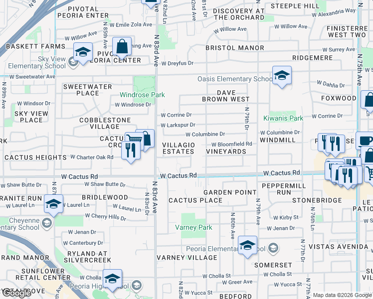 map of restaurants, bars, coffee shops, grocery stores, and more near 12405 82nd Avenue in Peoria