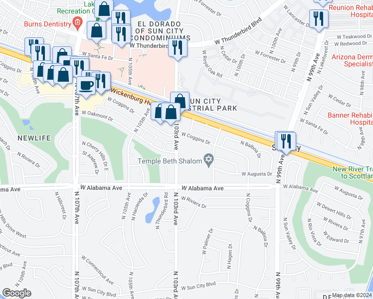 map of restaurants, bars, coffee shops, grocery stores, and more near 10303 West Oakmont Drive in Sun City