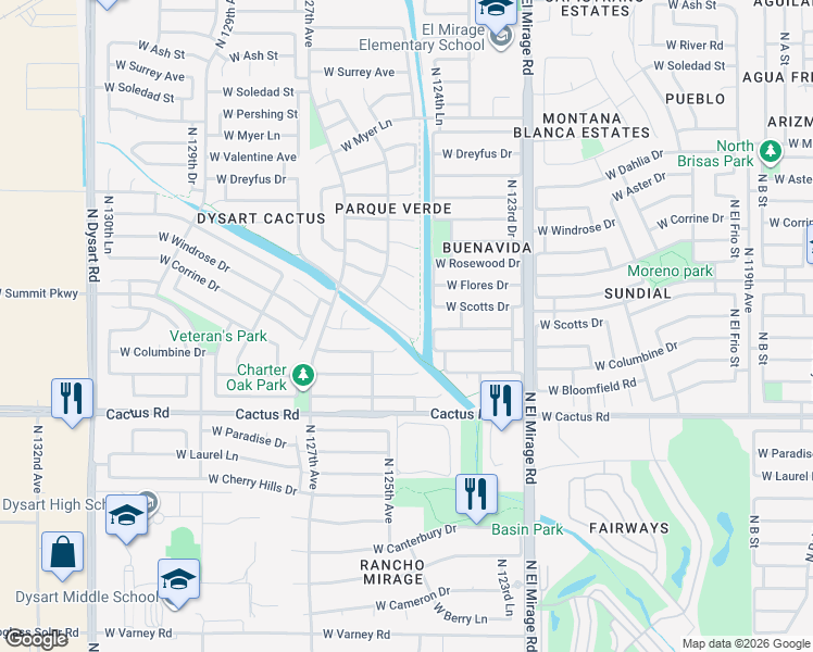 map of restaurants, bars, coffee shops, grocery stores, and more near 12510 West Scotts Drive in El Mirage