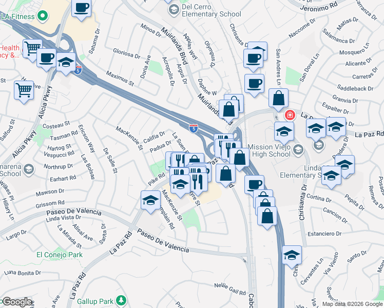 map of restaurants, bars, coffee shops, grocery stores, and more near 25191 Pike Road in Laguna Hills