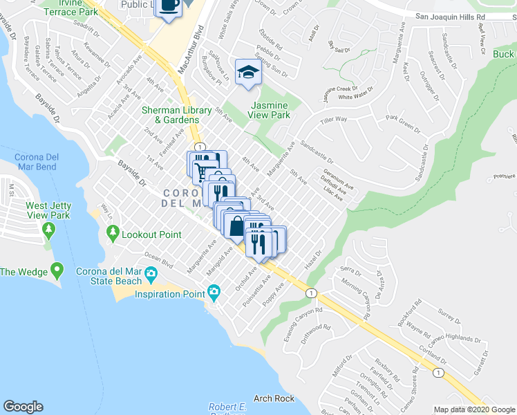 map of restaurants, bars, coffee shops, grocery stores, and more near 508 Marigold Avenue in Newport Beach