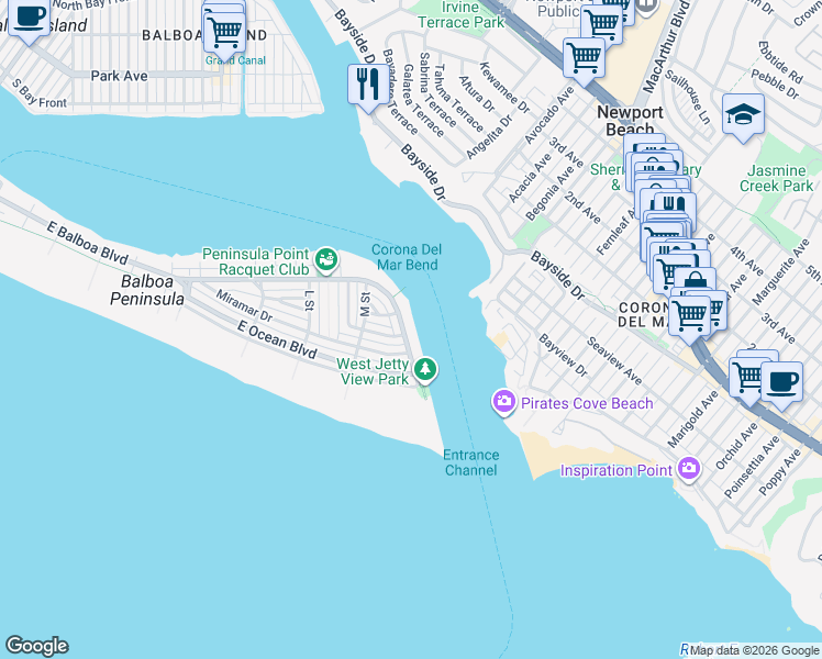 map of restaurants, bars, coffee shops, grocery stores, and more near 2254 Channel Road in Newport Beach
