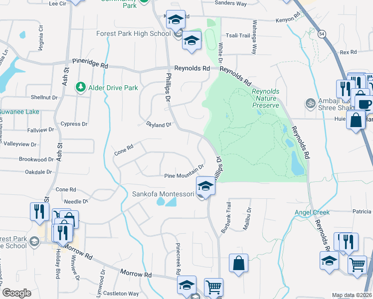 map of restaurants, bars, coffee shops, grocery stores, and more near 1108 Tamarack Trail in Forest Park