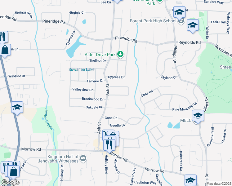 map of restaurants, bars, coffee shops, grocery stores, and more near 942 Sherwood Circle in Forest Park