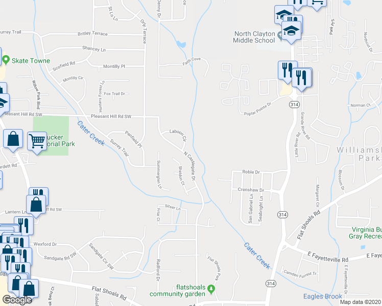 map of restaurants, bars, coffee shops, grocery stores, and more near 5822 North Castlegate Drive in Atlanta