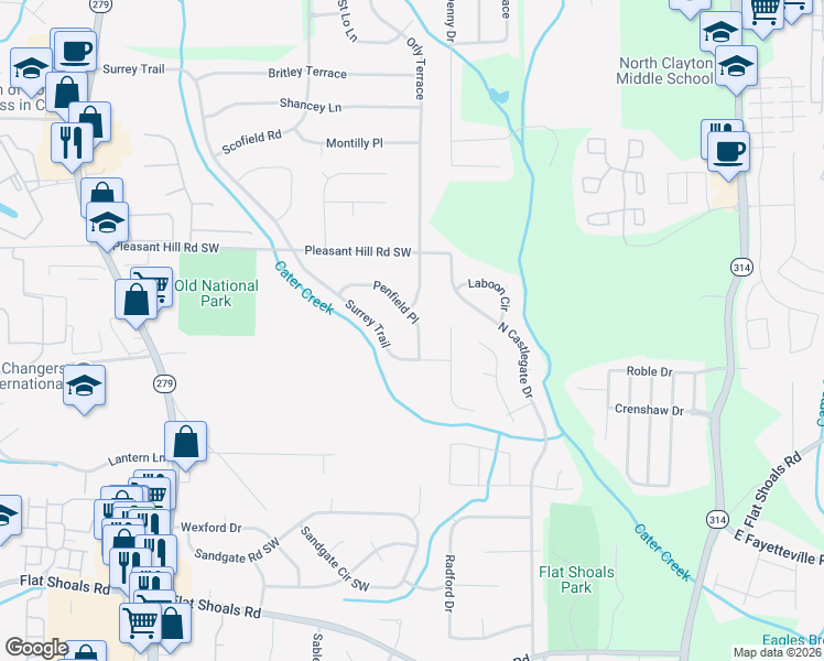 map of restaurants, bars, coffee shops, grocery stores, and more near 5845 Penfield Place in Atlanta