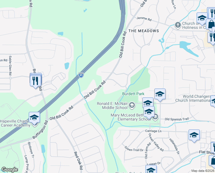 map of restaurants, bars, coffee shops, grocery stores, and more near 5645 Warfield Court Southwest in College Park