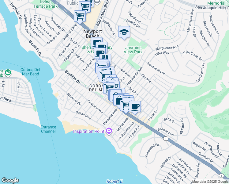 map of restaurants, bars, coffee shops, grocery stores, and more near 418 Larkspur Avenue in Newport Beach