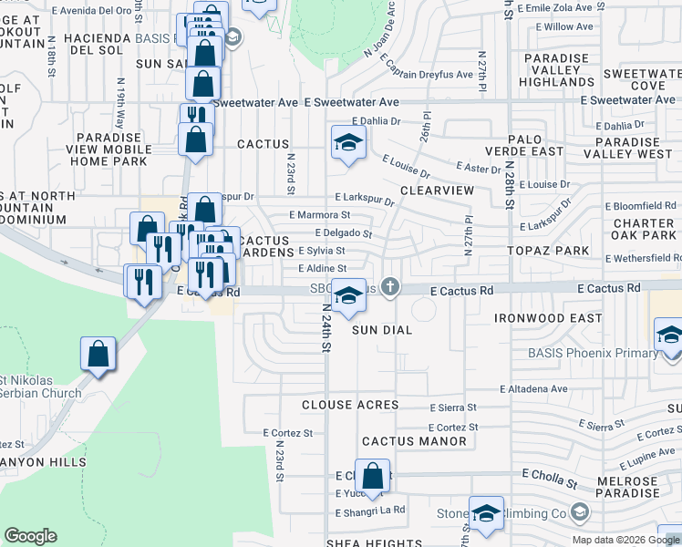 map of restaurants, bars, coffee shops, grocery stores, and more near 2411 East Aldine Street in Phoenix