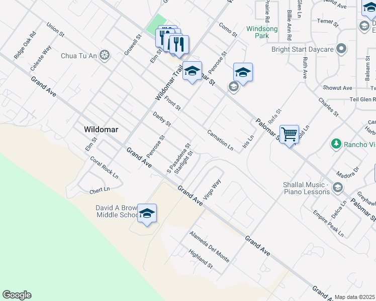 map of restaurants, bars, coffee shops, grocery stores, and more near 32789 Starlight Street in Wildomar