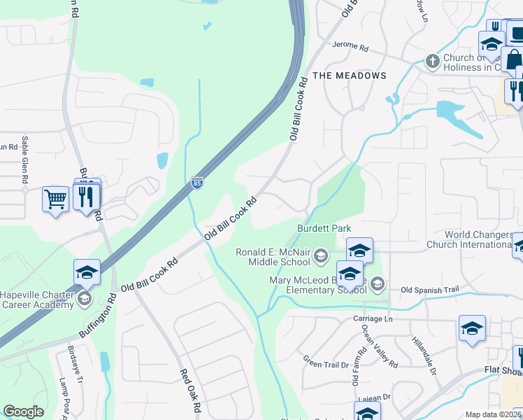 map of restaurants, bars, coffee shops, grocery stores, and more near 5645 Warfield Court Southwest in College Park