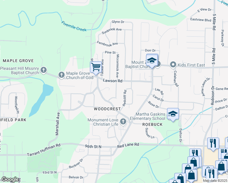 map of restaurants, bars, coffee shops, grocery stores, and more near 104 Lawson Drive in Birmingham