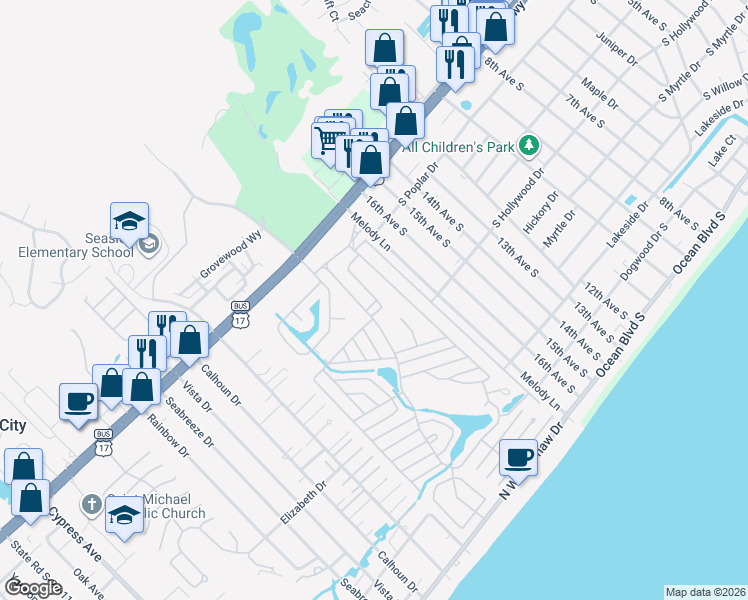 map of restaurants, bars, coffee shops, grocery stores, and more near 458 Sandpebble in Myrtle Beach