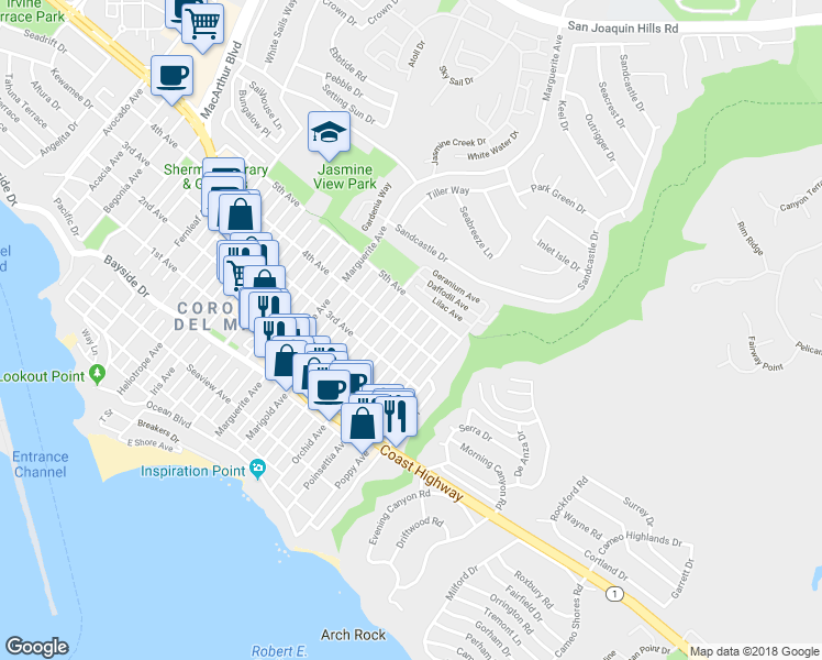 map of restaurants, bars, coffee shops, grocery stores, and more near 704 Orchid Avenue in Newport Beach