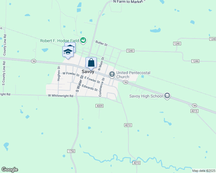 map of restaurants, bars, coffee shops, grocery stores, and more near 503 Fowler Street in Savoy