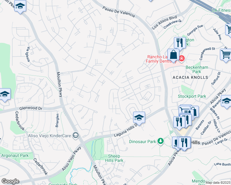 map of restaurants, bars, coffee shops, grocery stores, and more near 891 Ronda Sevilla in Laguna Woods