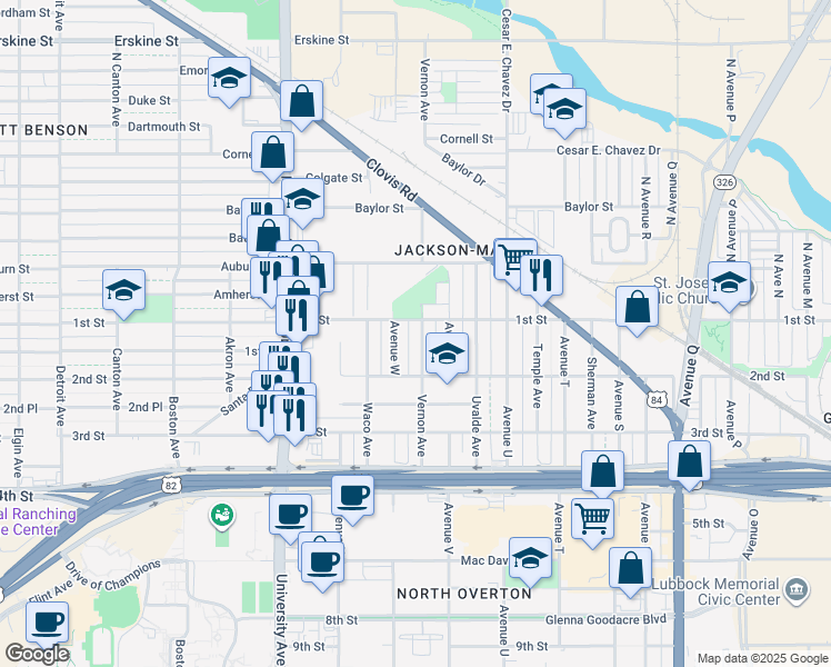 map of restaurants, bars, coffee shops, grocery stores, and more near 111 Vernon Avenue in Lubbock