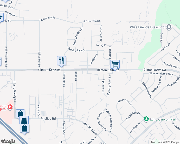 map of restaurants, bars, coffee shops, grocery stores, and more near 25018 Crimson Lasso Drive in Wildomar