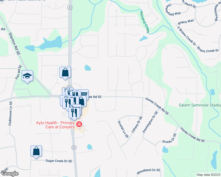 map of restaurants, bars, coffee shops, grocery stores, and more near 1308 Wild Rose Drive Southeast in Conyers