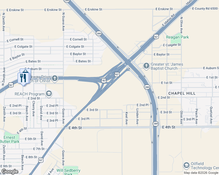 map of restaurants, bars, coffee shops, grocery stores, and more near 3516 Idalou Road in Lubbock