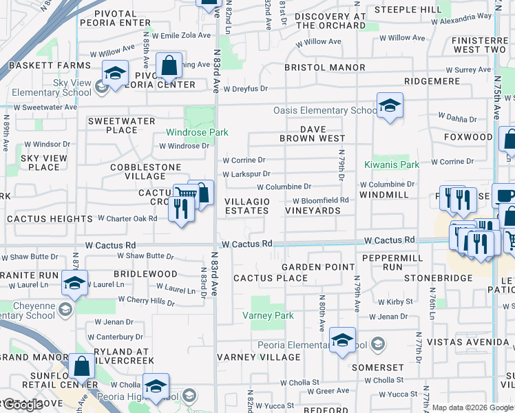 map of restaurants, bars, coffee shops, grocery stores, and more near 12405 82nd Avenue in Peoria