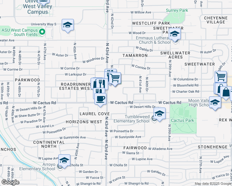 map of restaurants, bars, coffee shops, grocery stores, and more near 4202 West Cactus Road in Phoenix