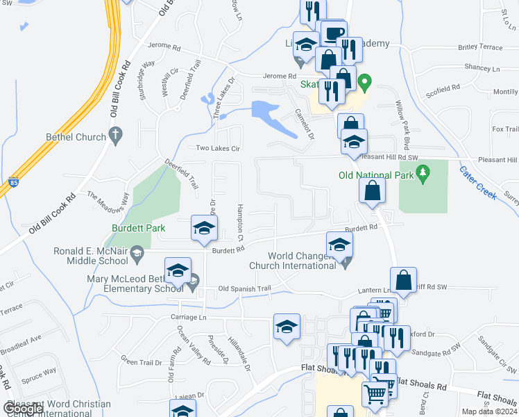 map of restaurants, bars, coffee shops, grocery stores, and more near 2565 Picardy Circle North in Atlanta
