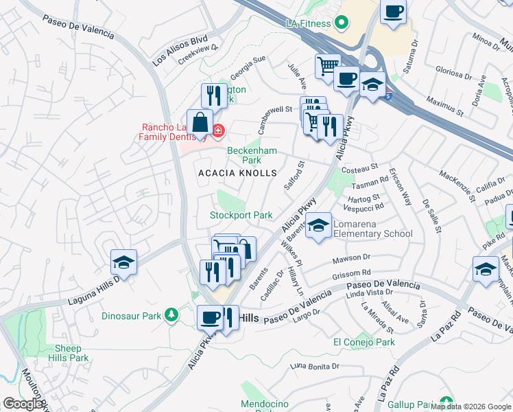 map of restaurants, bars, coffee shops, grocery stores, and more near 25132 Wilkes Place in Laguna Hills