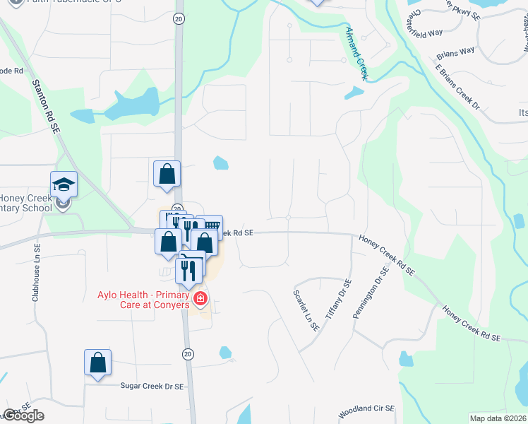 map of restaurants, bars, coffee shops, grocery stores, and more near 1204 Branlee Drive Southeast in Conyers