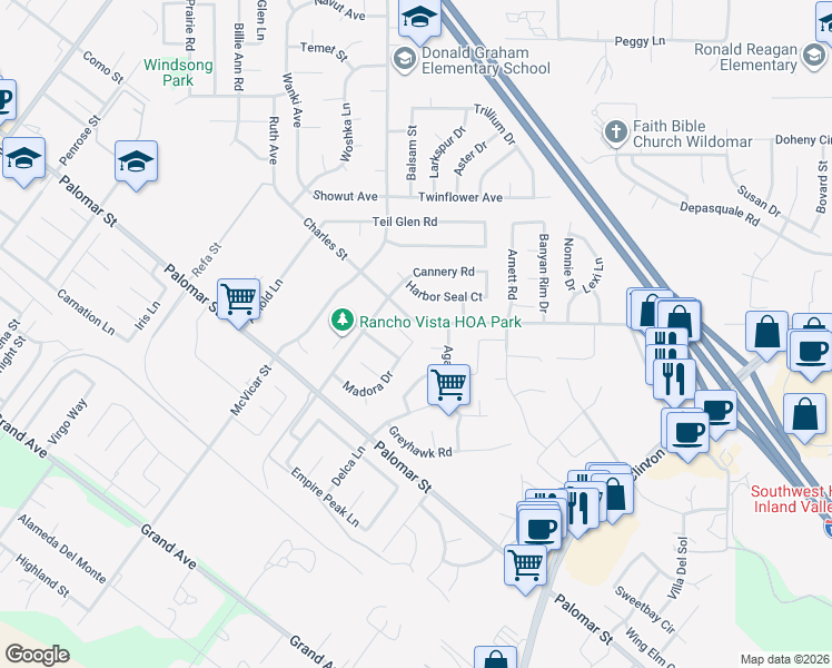 map of restaurants, bars, coffee shops, grocery stores, and more near 23030 Hailey Court in Wildomar