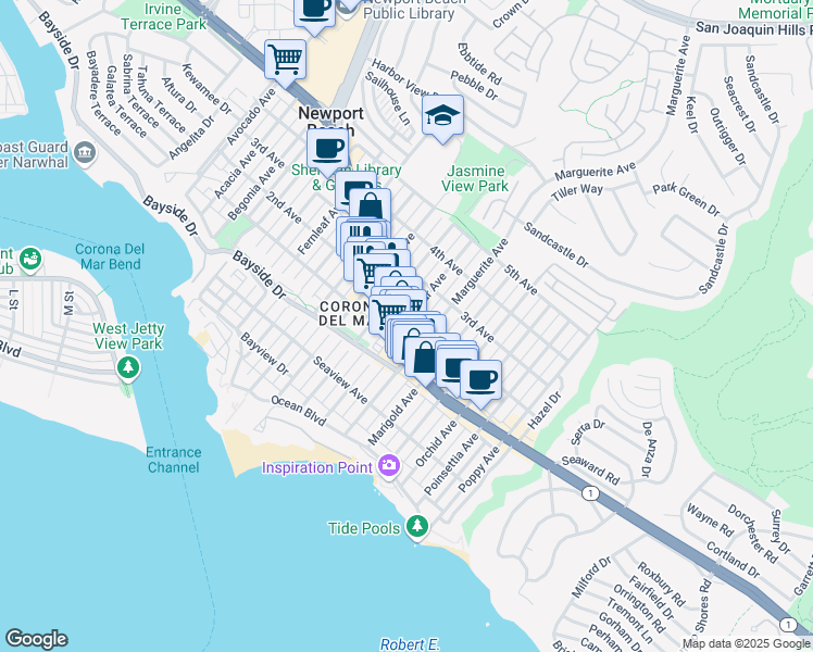 map of restaurants, bars, coffee shops, grocery stores, and more near 418 Larkspur Avenue in Newport Beach