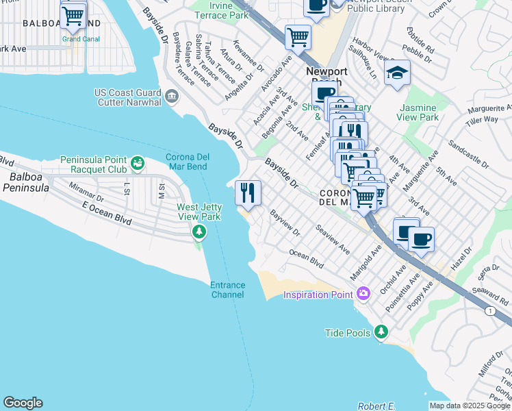 map of restaurants, bars, coffee shops, grocery stores, and more near 2607 Ocean Boulevard in Newport Beach
