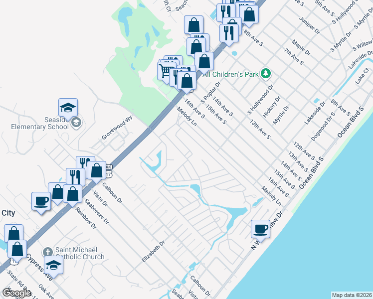 map of restaurants, bars, coffee shops, grocery stores, and more near 458 Sandpebble in Myrtle Beach