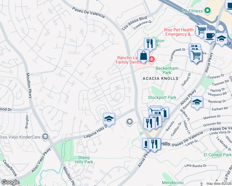 map of restaurants, bars, coffee shops, grocery stores, and more near 815 Via Alhambra in Laguna Woods