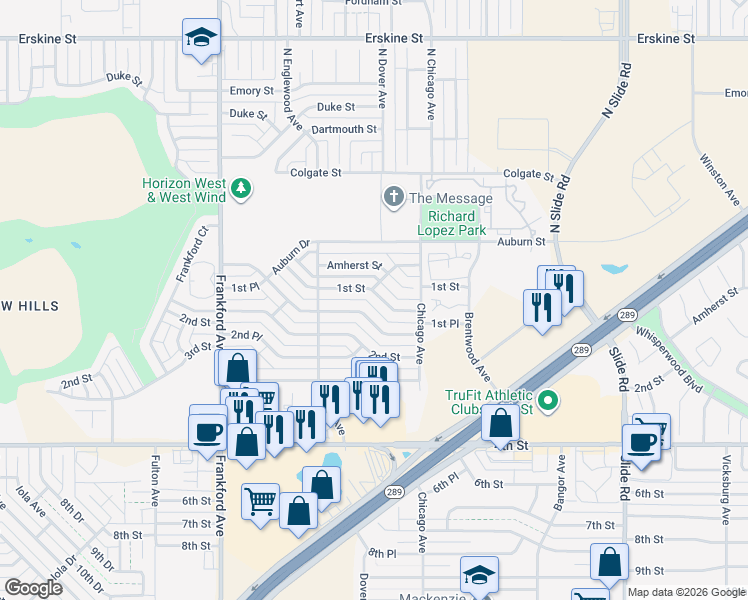 map of restaurants, bars, coffee shops, grocery stores, and more near 5511 1st Street in Lubbock