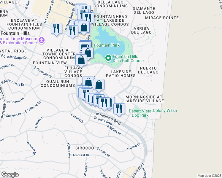 map of restaurants, bars, coffee shops, grocery stores, and more near 16031 East Colony Drive in Fountain Hills